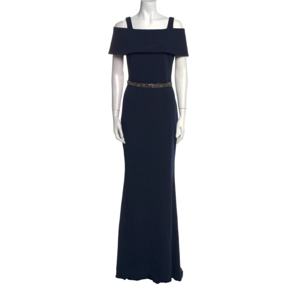 Badgley Mischka navy off the shoulder full length gown beaded belt